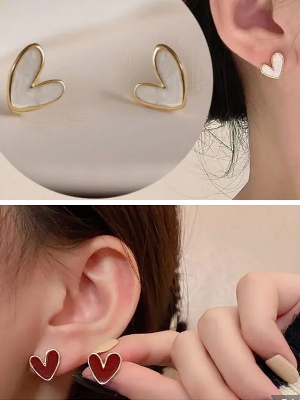 2 Pairs Dainty Gold-Trim Heart ❤️ 🤍 Stud Earrings in White and Red Enamel
